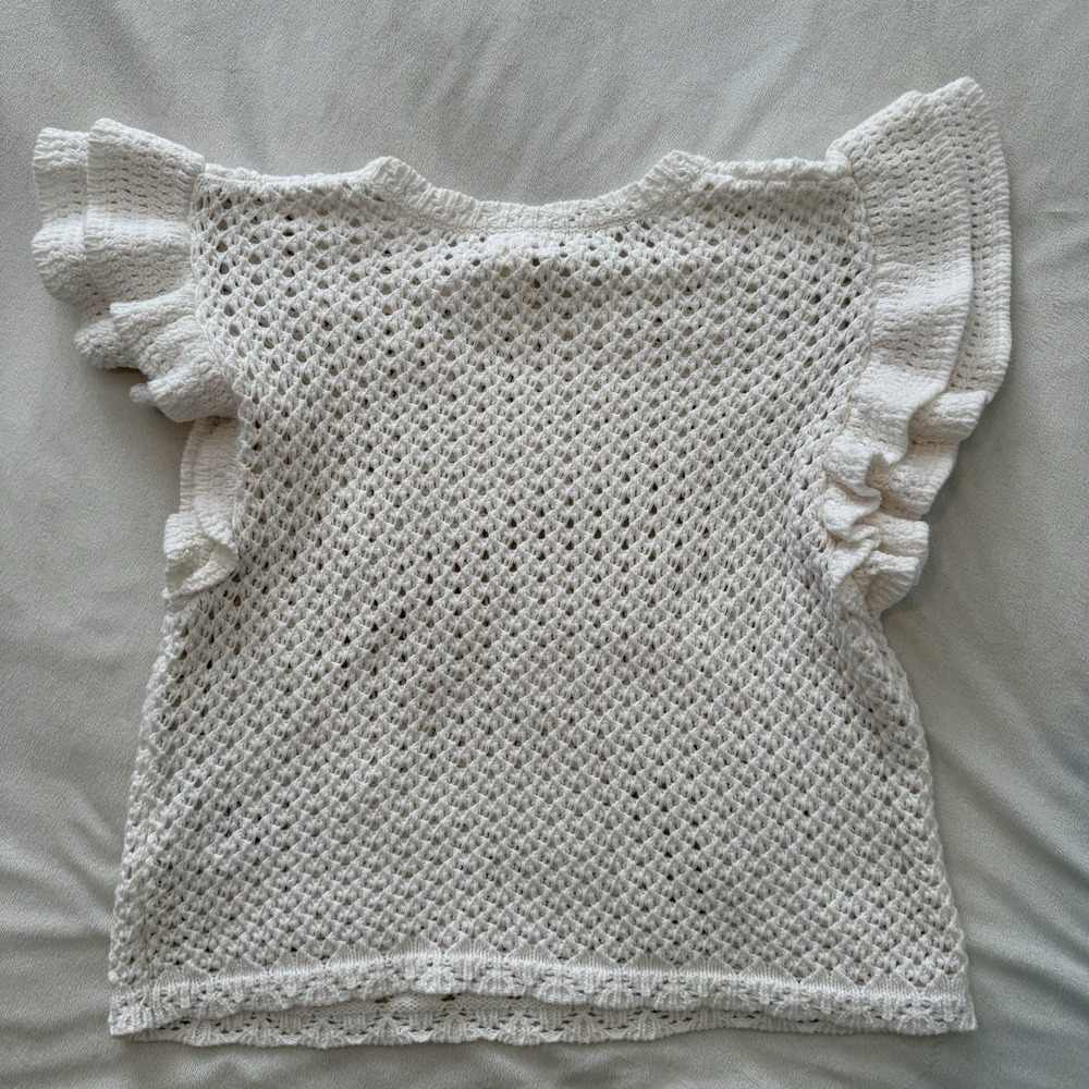H&M Pointelle Knit Crochet Top Flutter Sleeves Women's White Medium Cottage Core - Picture 2 of 4